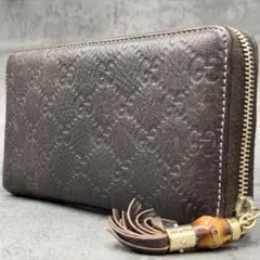 美品 グッチ レオパード シマ ラウンドジップ 長財布 茶 バンブー タッセル