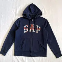 GAP ジップパーカー　フーディー　イギリスロゴ　ネイビー　短丈　y2k