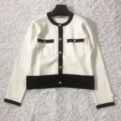 極美品 エムプルミエ 現行 バイカラーニットジャケット カーディガン 金ボタン