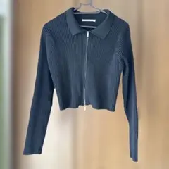 リブ編み黒ダブルファスナー長袖トップス クロップド丈