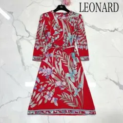 a267【極美品】レオナール トリム 花柄長袖ロングワンピース 紺 M