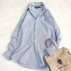 【ラルフローレン】ストライプシャツ　ポニー刺繍　ゆったり　羽織り　青　メンズM
