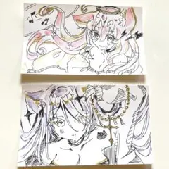 オリジナル・アナログイラスト 一点物×2枚セット ミニイラスト ペン画