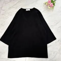 オペークドットクリップ Vネックニットゆったり黒Lきれいめドロップショルダー通勤