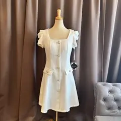 P25231 新品 L キャバドレス ホワイト ツイード フレア スクエアネック