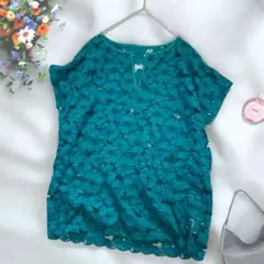 《ensuit》 花柄レース半袖チュニック L ターコイズ 通気性 大きいサイズ