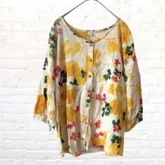 花柄 クローバー イエロー系 ブラウス 綿100% ナチュラル 体型カバー