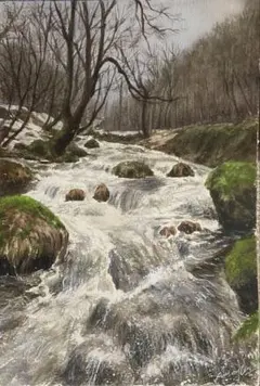 水の音の調べ」手描き原画 F3 アクリル画 風景画 インテリア 絵画