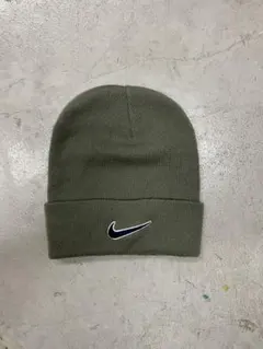 90s NIKE ナイキ　ニット帽　ビーニー　カーキ　刺繍　センターロゴ　古着