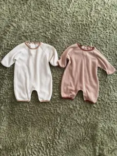 ワッフル生地ロンパース2点セット　双子コーデ