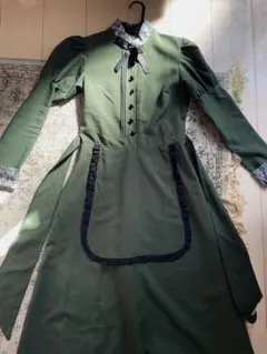 ハロウィン コスプレ クラシックメイド服 ロング丈 深緑 エプロン付き
