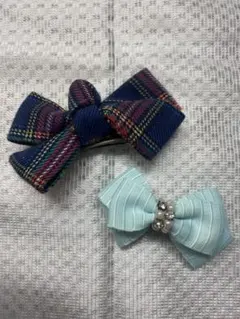 リボン型ヘアピンセット（青赤チェック・水色）