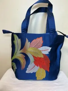 名古屋帯から　ネイビー花柄刺繍トートバッグ