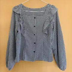 【美品】ギンガムチェック M フリルブラウス 七分袖 スクエアネック トップス