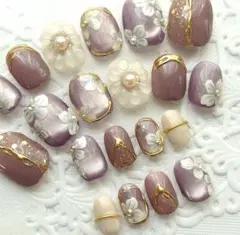 ネイルチップ 白花/ぷっくりフラワー/ウエディング/マグネットフルサイズb945