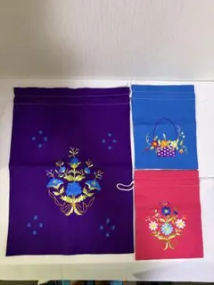 ベトナム 刺繍 巾着 袋　小物入れ アジアン雑貨3点セット