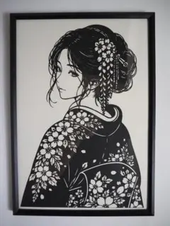 届かないくちづけ｜猫と着物女性 A4額装 切り絵アート HANZURO - メルカリ