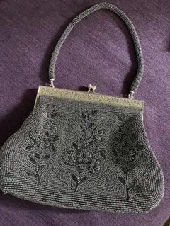 ビーズ装飾 花柄刺繍 パーティーバッグ ブラックべースシルバー