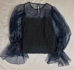 ZARA ネイビー シースルーパワショルトップス　ザラ