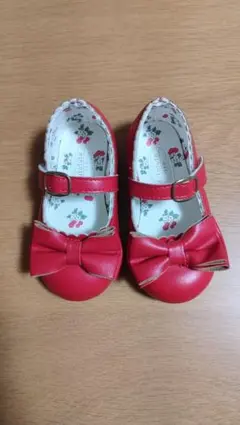 赤いリボン付きフォーマルシューズ　結婚式　セレモニー　14cm