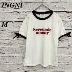 イング【M】 袖リボン半袖リンガーTシャツ ロゴプリント コットン混 ホワイト