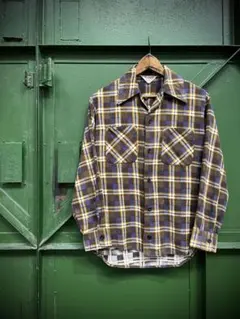 70sラングラー プリントネルシャツ チェック オープンカラー 古着 ビンテージ