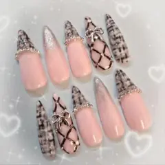 ネイルチップ　ワンホン　バレンタイン　フレンチガーリー　ツイード　量産型　現品