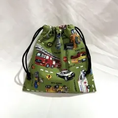 巾着S コップ袋 給食袋 巾着袋 働く車 緑 入園入学 男の子 ハンドメイド