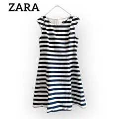 美品 ZARA ボーダーフレアワンピース Aライン ひざ丈 マリン ネイビー Mのサムネイル
