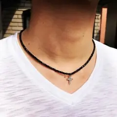 ☆クロストップネックレス☆40センチブラックカットビーズ☆