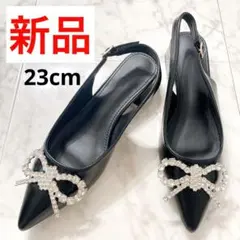 【新品】《SHEIN》ラインストーンリボン付き ミュール ブラック23cm