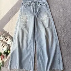 ザラ(L)ZARA/クラッシュデニムパンツ/フレア/ダメージ/ジーンズ/ジーパン