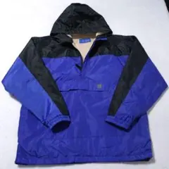 青 黒 フード付き プルオーバー ナイロンジャケット アノラック 裏ボア L