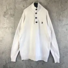 Y849古着　ニットセーター　ハーフボタン　ワンポイント　白　90s Y2K