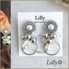 #911大ぶり/パール/シルバー/揺れる/フープ/ハンドメイドピアス イヤリング