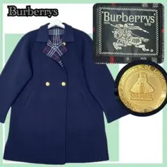 ✨美品✨バーバリーズ カシミヤ混 金ボタン 裏地総チェック コート ネイビー M