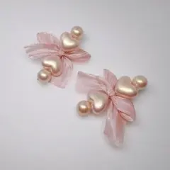 パール風装飾 韓国風 ピンクリボン クリップ式ヘアクリップ 2個セット