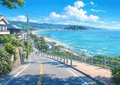 【イラスト】湘南の海と夏の空 アートポスター