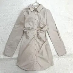 長袖シャツロングワンピース ギャザー ベージュ 無地 チュニック 韓国 M