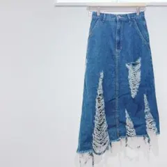 ロングデニムスカート ダメージジーンズ アシメントリー ウエストゴム カジュアル