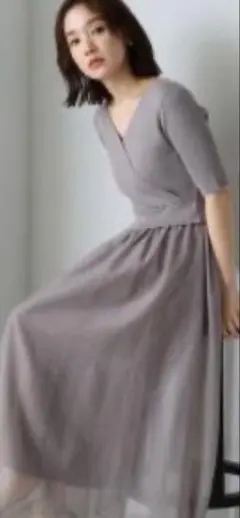 グレー ラップデザイン ニットワンピース 半袖