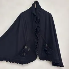 ポンチョポケット付き大判ストール約77cm×約160cm黒ニット