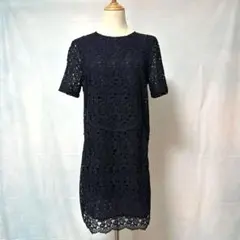 【美品】ZARA WOMAN 膝丈ワンピース【S】ネイビー　レース　半袖　清楚