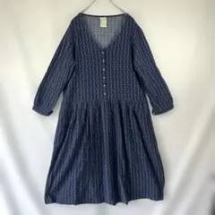 Sunny Clouds サニークラウズ　青　綿麻ロングワンピース L リネン混