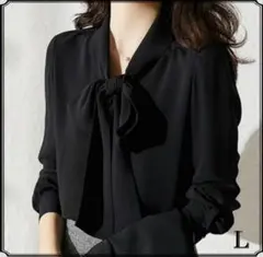 【ブラックL】ボウタイブラウス 無地 入学式 卒業式 参観日 セレモニー