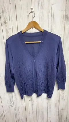 ネイビー透かし編みカーディガン 七分袖 M〜L