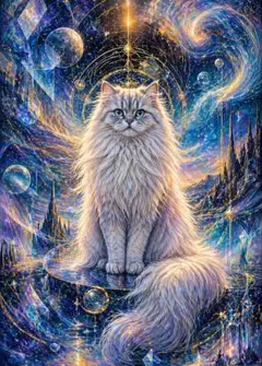 黒猫 星空 アートポスター 2L判 額付き 幻想的 宇宙 猫 イラスト