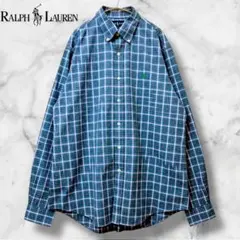 【極美品】ラルフローレン　ブルー×グリーン　チェック　緑ポニー刺繍　メンズL相当