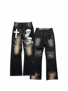 Studded Skull Patch Grunge Denim ワイドデニム - メルカリ