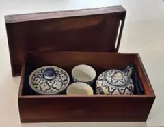 木箱入 染付 茶器セット 急須 湯呑み2客 蓋碗 中国茶器 煎茶道具 美品